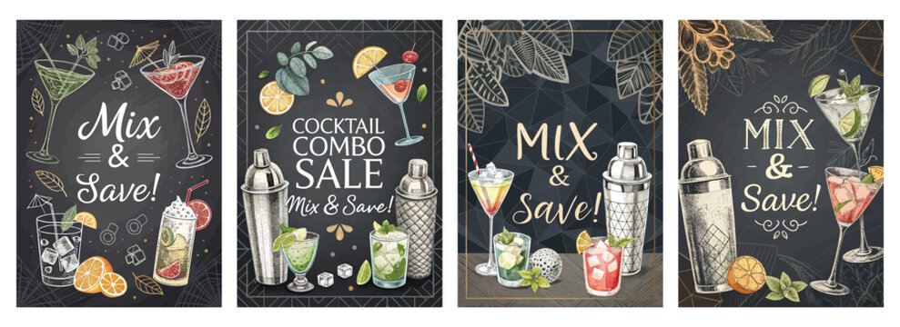 Colorful cocktail illustrations on chalkboard-style backgrounds promoting a mix and save sale.