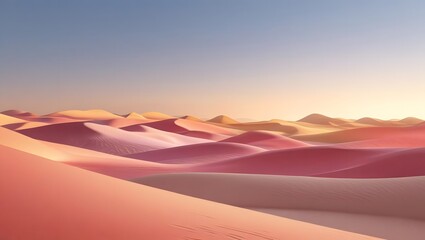 A mesmerizing desert landscape under a serene, colorful sky, where the sand dunes create a pattern of lines in a play of light and shadow