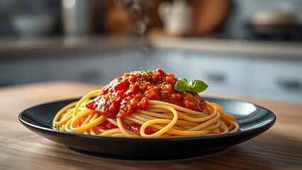 Close-up of delicious spaghetti with rich tomato sauce, steam rising from the plate.