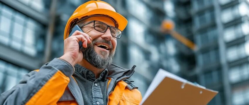 A building maintenance worker is using a mobile to call site emergency services while carrying paperwork.