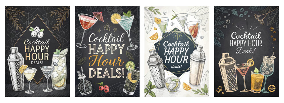 Colorful cocktail illustrations with vibrant designs promoting happy hour deals.
