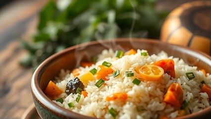 A ceramic bowl overflowing with aromatic rice and seasonal vegetables, steam rising with rustic herbs in soft focus.