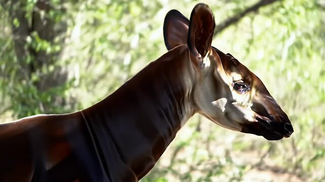 Majestic Okapi Profile in Lush Green Forest Habitat, Rare African Mammal with Unique Markings