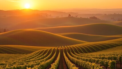 Rolling vineyard hills at sunset with neat rows of grapevines under warm golden hour light.