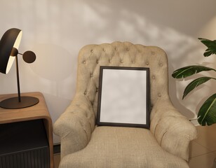 Empty frame on a light beige armchair in a room with a modern lamp and plant