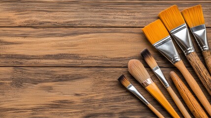 Yellow Bristle Paintbrushes on Rustic Wooden Background