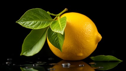Vibrant yellow lemon with leaves against a dark background, water droplets adding freshness to the composition.