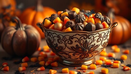 Vintage Halloween candy bowl filled with chocolates and candy corn, bat confetti scattered on a warm autumnal backdrop.