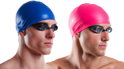 Two swimmers with goggles and swim caps