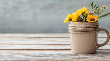 Yellow Flowers in Beige Ceramic Mug on Rustic Wooden Table