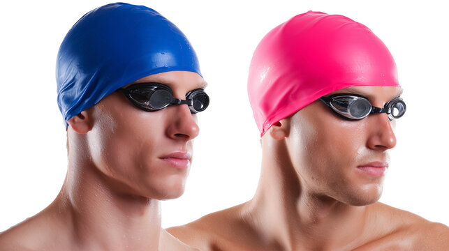 Two swimmers with goggles and swim caps
