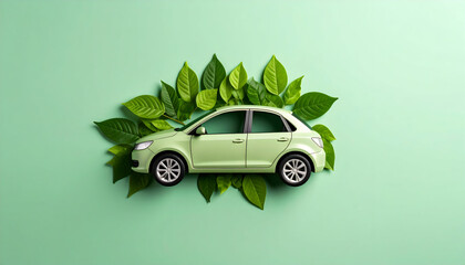 Eco-friendly car concept surrounded by vibrant green leaves on a pastel green background