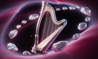 A harp floats in a swirling cosmic vortex.  Small celestial objects orbit around it