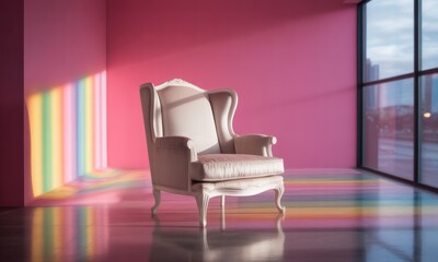 A light beige wingback chair in a vibrant pink room with sunbeams