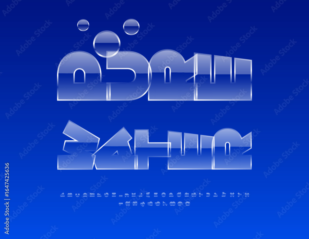 Poster vector fresh advertisement pure water with decorative bubbles. glossy transparent font. rotated alph