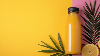 Yellow Juice Bottle with Palm Leaves and Lemon Slices on Yellow and Pink Background