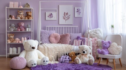 Childâ€™s bedroom decorated with pastel purple accents and cuddly toys