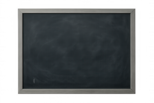 Blank blackboard with gray wooden frame isolated on transparent background, providing copy space for educational or announcement purposes