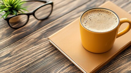 Yellow Mug on Book With Glasses and Potted Plant on Wooden Desk Surface Top View