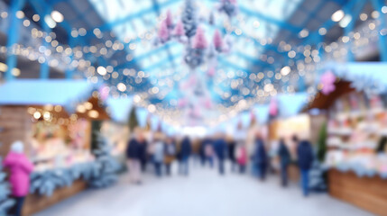 Obraz premium Christmas banner background sale with festive market scene and blurred people walking under decorative lights creating joyful holiday atmosphere