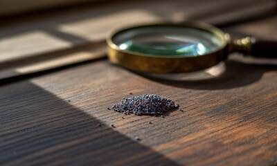 A small pile of dark gray seeds, speckled with red, sits on a wooden surface, illuminated by sunlight filtering through a window. A magnifying glass rests nearby