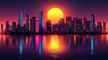 Fototapeta premium A vibrant, neon-infused cityscape pulsates in a geometric abstract style, its buildings reaching for the digital sky, bathed in an ethereal glow 