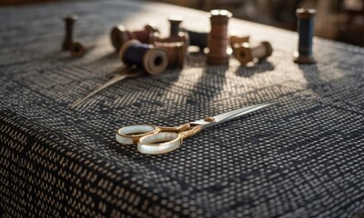 A pair of scissors rests on patterned fabric with spools of thread