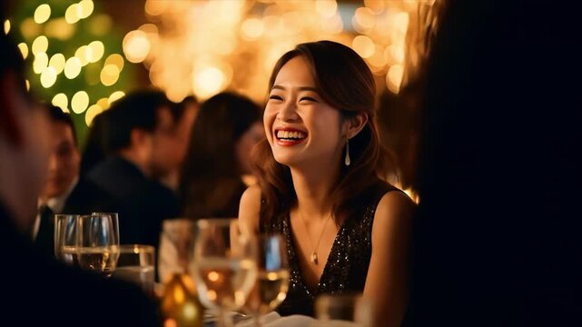 パーティのディナーで笑う日本人女子の動画