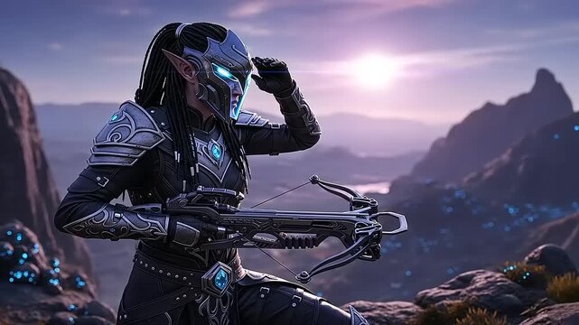 Futuristic warrior elf poised with a crossbow, surveying a mystical landscape at sunset