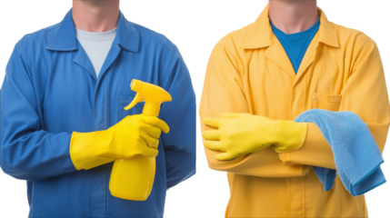 Workers with cleaning supplies and uniforms