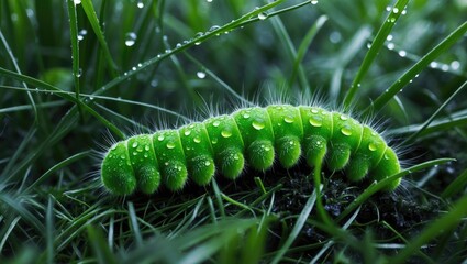 Green caterpillar with water droplets on its back crawling through grass. Insect and nature, close-up. The concept of biodiversity and natural habitat.