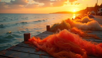 “Traditional Sustainable Fishing Nets by Coastal Dock”