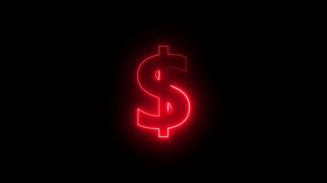 Glowing neon dollar symbol icon. Red color dollar icon animation on black background.