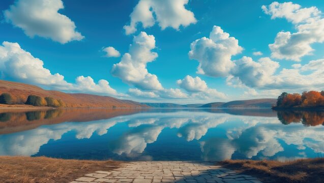 A serene lake scene with clouds reflecting on the water and rolling hills in the background. Calm landscape with sky and water reflection.
