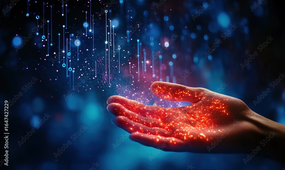 Poster human hand holding floating glowing data particles for ai technology visualization, dark blue backgr