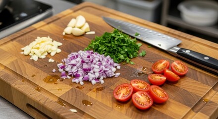 Photo of finely chopped ingredients including onion, garlic, parsley, and cherry tomatoes on a cutting board
