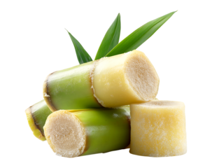 Sugarcane juice, with a sweet and soft texture, cut into pieces of sugarcane isolated on a transparent background