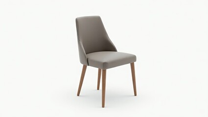A light taupe colored dining chair with wooden legs.