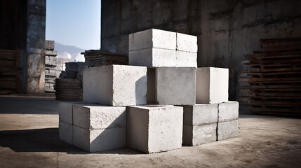 Concrete Blocks Stacked at Construction Site with Pallets and Industrial Setting