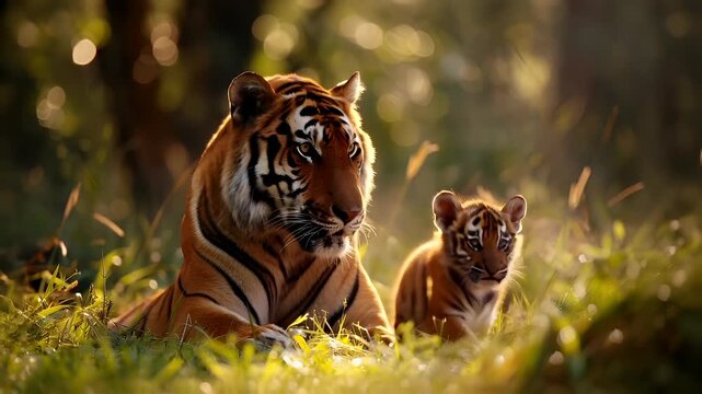 A closeup of a tiger and its cub in a natural setting. The tiger is prominently featured in the foreground, with its vibrant orange and black stripes standing out against the green backdrop.