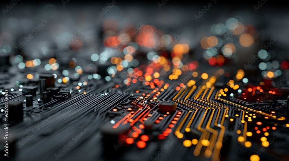 Aufkleber intricate abstract circuit board network illuminated with neon lights