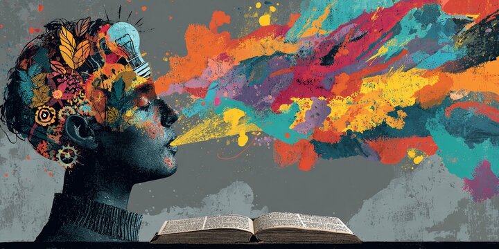 SILHOUETTE DI PROFILO UMANO CON ESPLOSIONE DI COLORE E LIBRO APERTO