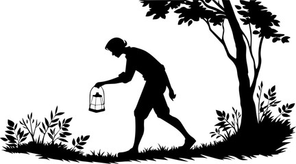 Black Silhouette of a Man Carrying a Birdcage