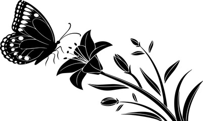 Black Silhouette of a Butterfly on a Lily Flower