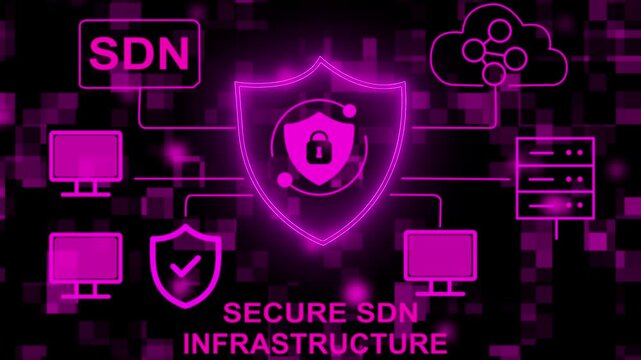 A visual representation of secure SDN infrastructure, showcasing interconnected devices with a focus on cybersecurity. Ideal for business presentations or tech-related content. 4k video.