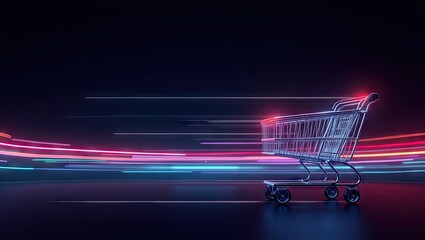 Shopping cart in a neon-lit space with streaks of light.