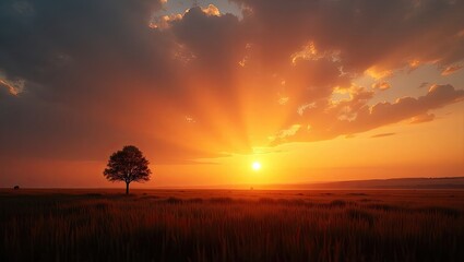 Obraz premium Golden sunset over a vast field.