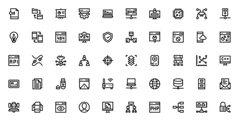 Database and servers icon set. Minimal vector icons pack. Includes file, folder, pie chart, settings, data server, cloud computing, API, networking, hardware and more. Editable stroke.
