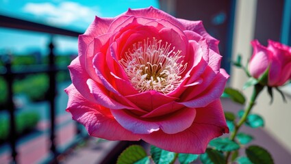 Close-up of a pink rose in bloom with a balcony and cloudy sky in the background.