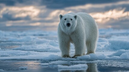 A polar bear stands on a floating ice patch in the Arctic, surrounded by melting ice. The sky exhibits warm colors of sunset, creating a serene yet impactful atmosphere